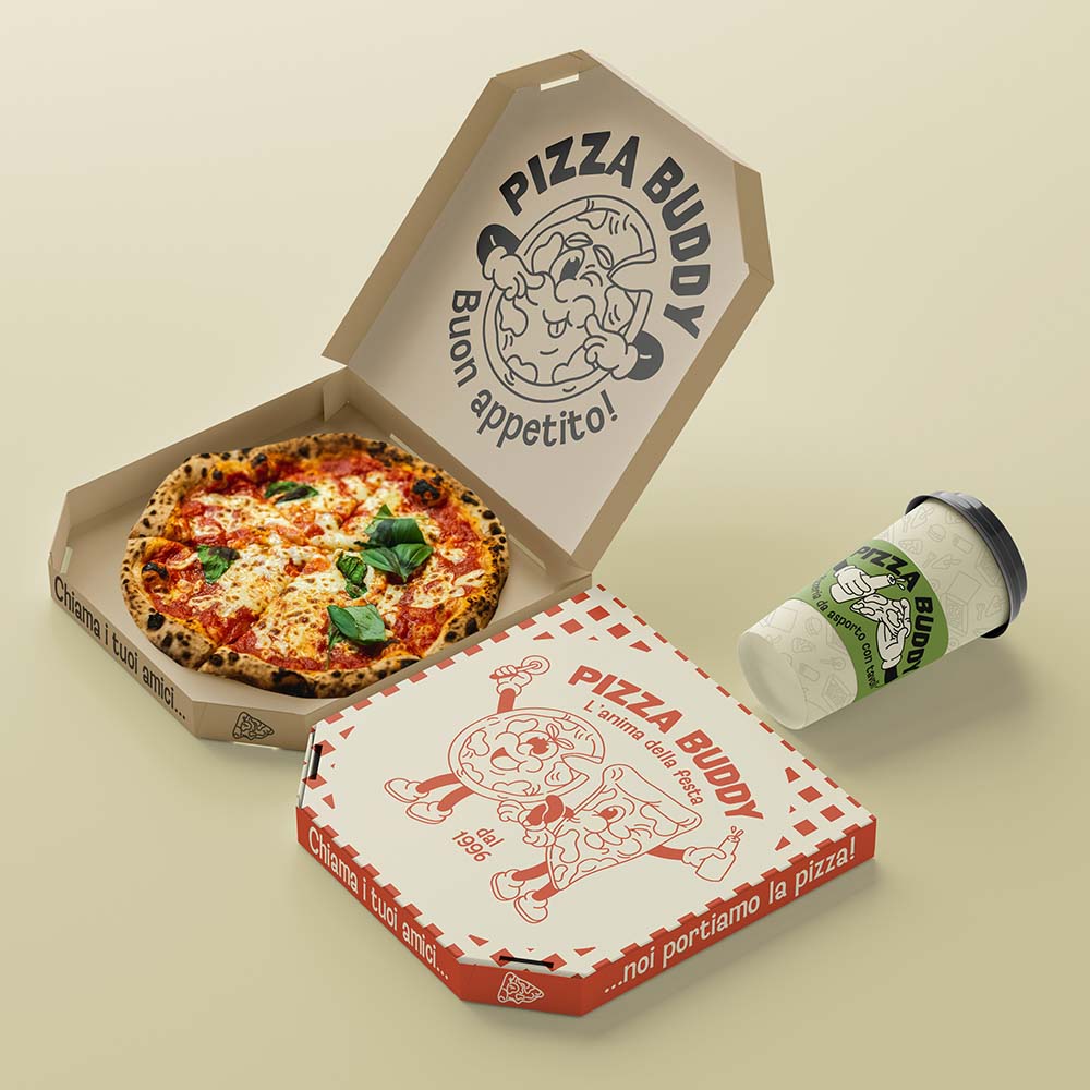 Scatola della pizza e bicchiere personalizzati per ristoranti e pizzerie